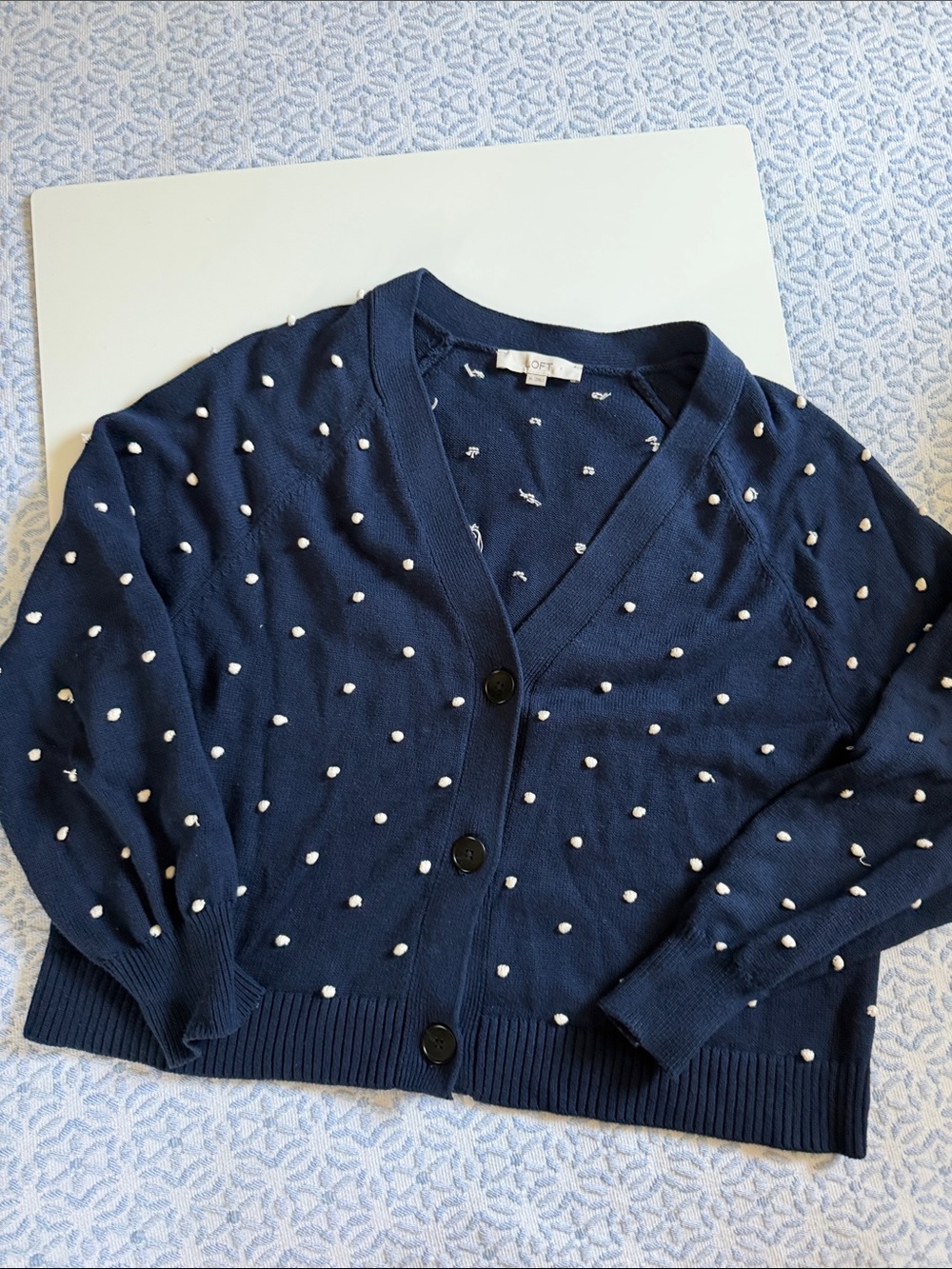 LOFT Navy Cardigan with White Dot Knit